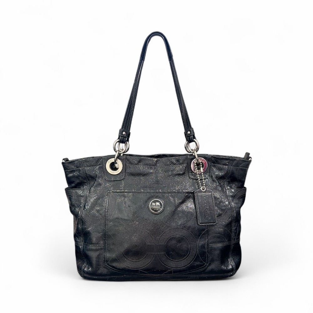 COACH LARGE SIGNATURE PATENT LEATHER BABY BAG TOTE - Black